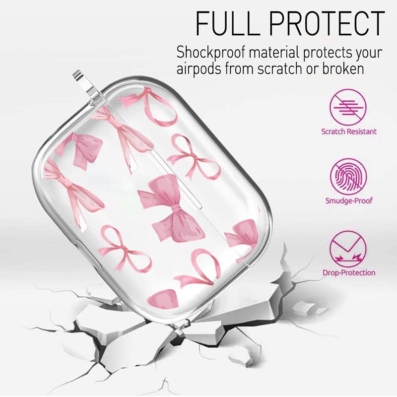 Pink Bow Delight Pattern Protective Case for AirPods 4/3/2/1/Pro/Pro2 Soft TPU Earphone Cover, Transparent with Keychain