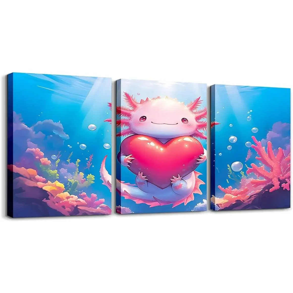 Feelyou Cute Pink Axolotl Framed Canvas Wall Decoration - 3Pcs 12"x16" Wood Rectangle Bright Ocean Sealife Cartoon Prints, Hanging Home Decor Flower Accent, Halloween & Christmas Gift for Room