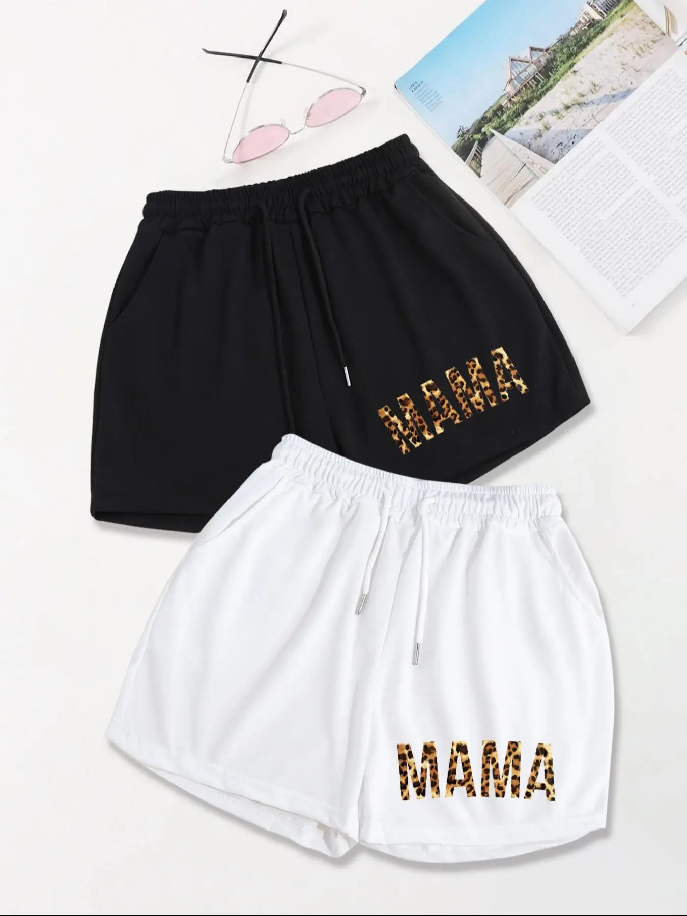Women's Letter Print Drawstring Shorts, Casual Comfort Pocket Elastic Waist Shorts, Comfort Clothes Women, Summer Bottoms, Shorts for Women