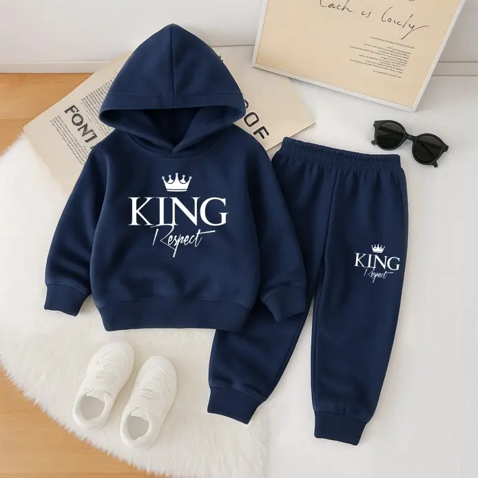 Boys' 2-Piece Unique Design King Print Hooded Shirt Matching Outfit Set - Long Sleeve Thick Fleece-Lined Fitted Sweatshirt & Joggers, Warm Fall Winter Casual Age-Tagged Boys' Sets, Sizes 3-4y(100),5-6y(120),11-12y(150),13-14y(160), Fluffy Warmth, Athleisu