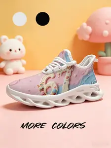 1 Pair Soft Elastic Thick Sole Breathable & Lightweight Sweet Fun Macaron Ice Cream Style Kids Sneakers, Children's Day Gift, Versatile for Daily Wear, 3D Dessert Print, Vitality Girl Style Casual Shoes