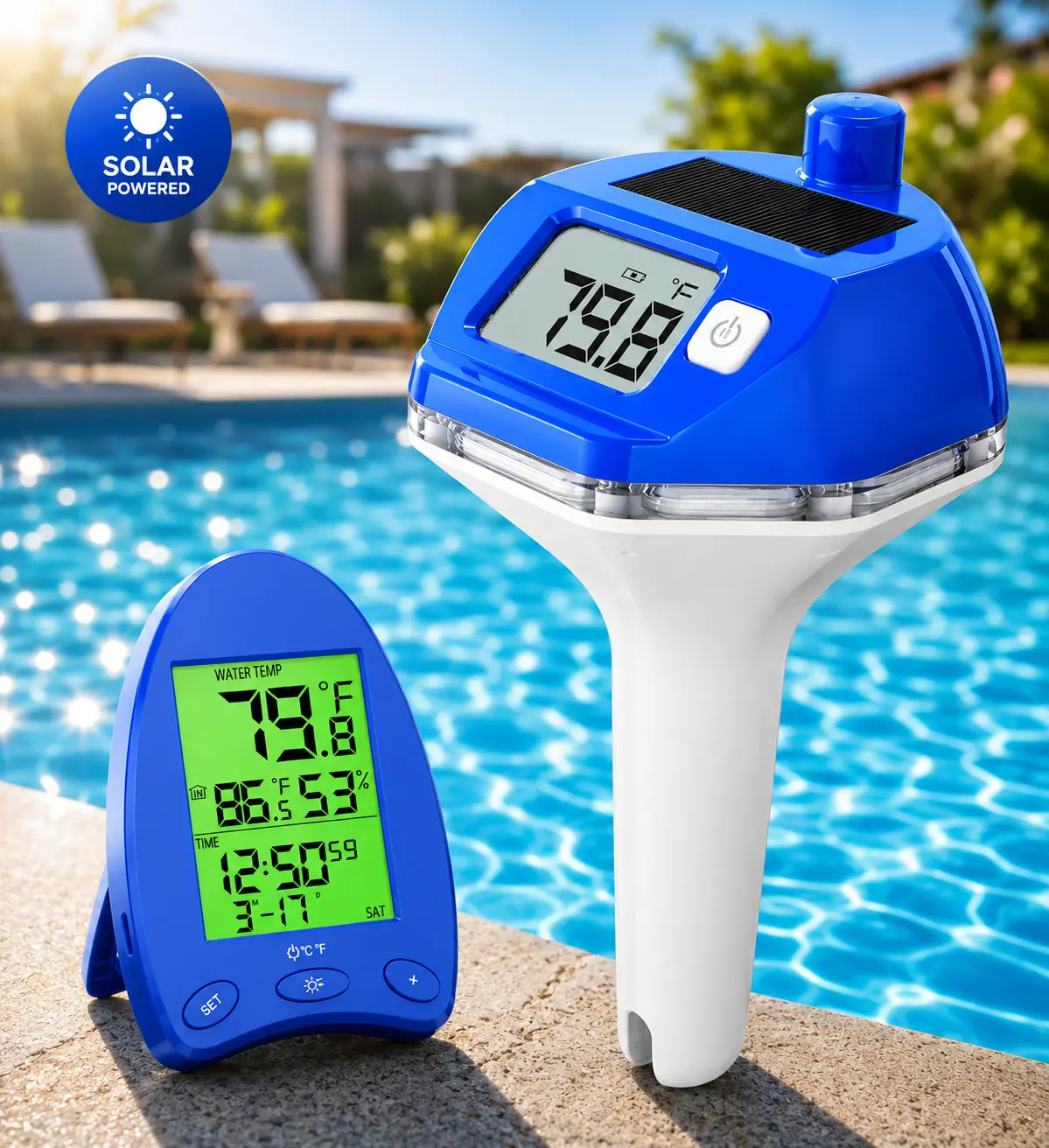 Solar Wireless Pool Thermometer - 650FT Transmission, IP68 Waterproof Floating, Accurate Measurements, High-Precision Sensor, Large Backlit Display, Humidity Monitor, Extra-Long Battery Life, Wireless Sync, Split Set, Date Display for Hot Tub, Spa