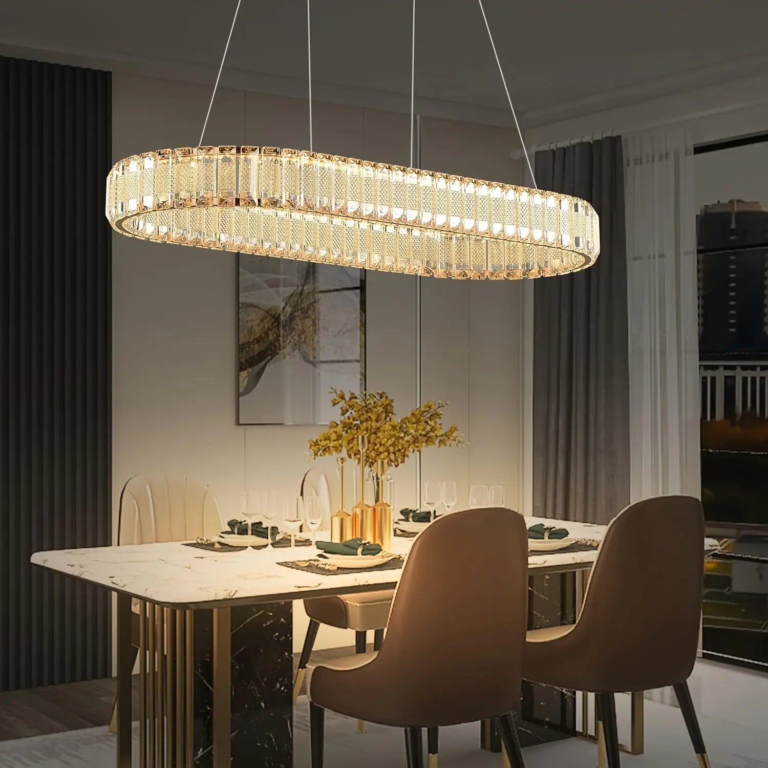 Modern Gold Crystal Chandelier, Large 31-Inch Linear Oval K9 Crystal Pendant Light, Dimmable E12 Base Fixture for Kitchen Island Dining Room Living Room, Luxury Home Decor, Bulbs Not Included