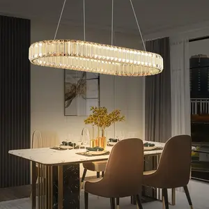 Large Modern Gold Crystal Chandelier, Dimmable E12 Base 31-Inch Linear Oval Cutout K9 Crystal Chandelier for Kitchen Island/Dining Room