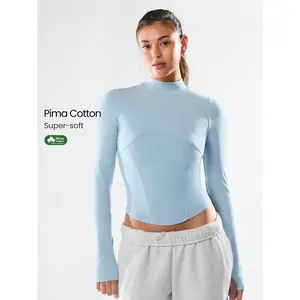 GLOWMODE Vintage Wash Pima Cotton Waist-Length Long-Sleeve Top With Thumbholes Gym Studio Hike Active Daily Casual Wear