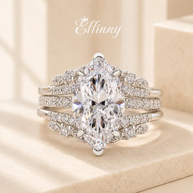 Effinny Women's 2.5 Carats Marquise Cut 5A Grade Cubic Zirconia Insert Engagement Ring Set, Bridal Wedding Ring Set for Outdoor Occasions, Engagement Rings