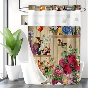LVRLVR 1pc Rustic Floral Butterfly Shower Curtain with Sheer Top Window, Detachable Liner & No Hook C-Ring, 70.8" x 74"