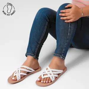 Wide Width Sandals for Women, Summer Flip Flops Flat Slide Sandals Casual Braided Wide Feet Slides Comfort Slip on Thong Womens Sandal.