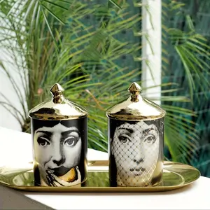 Luxury Gold Lid Ceramic Storage Jar Set, Artistic Face Design with Fruit and Grid Pattern, Perfect for Vanity, Dresser, Living Room Decor