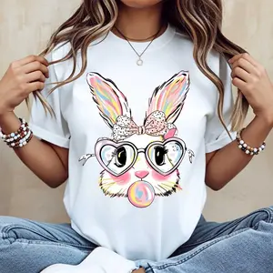 Women's White Cute Bunny T-Shirt, Heart Glasses & Bubblegum Print, Spring Holiday Casual Top
