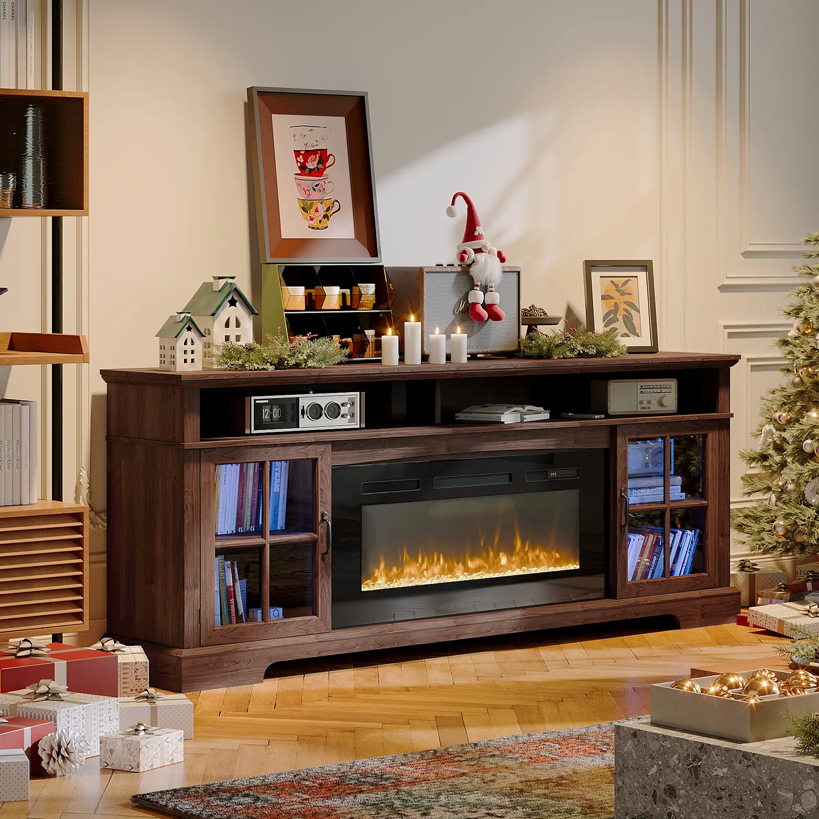 Aoxun 70"/58 Inch Farmhouse Electric Fireplace TV Stand for TVs up to 65", 36"/23" Electric Fireplace Insert with 7 Color Changing Flame, Glass Cabinet Doors, Remote Control Media Console for Living Room