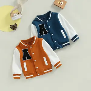 Kids Boys Girls Baseball Jackets Toddler Letter Pattern Contrast Color Long Sleeve Buttons Front Coat Autumn Winter Outerwear