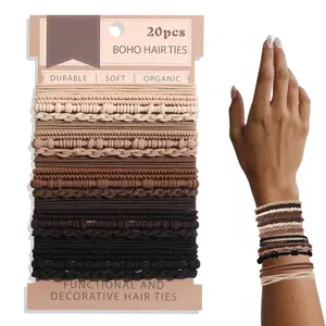 20 PCS Boho Hair Ties Bracelets, No-Damage Hair Elastics for Thick/Thin Hair, 4 Styles 2.36" Braided Ponytail Holders with Gifts Box, Brown