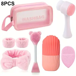 8-Piece Facial Cleaning Set with Ice Pack Headband Hair Tie Wrist Strap Face Brush Moisture-Proof Tool Face Scrubber Tool Ideal Daily Clean Christmas Halloween Gift Facial Cleansing Tools