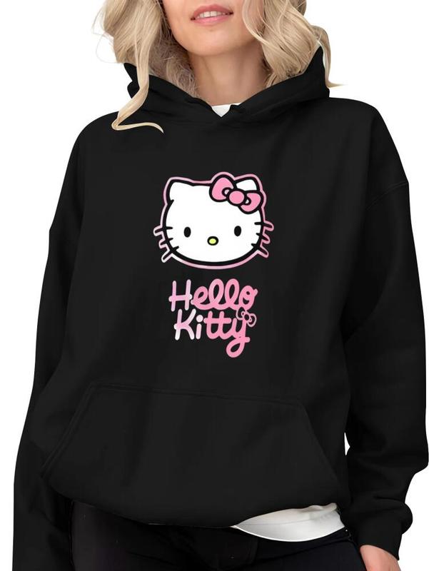 SANRIO Hello Kitty 260g Polyester Cotton Hoodie Black with Pink Graphic Design Comfortable Casual Wear for Autumn