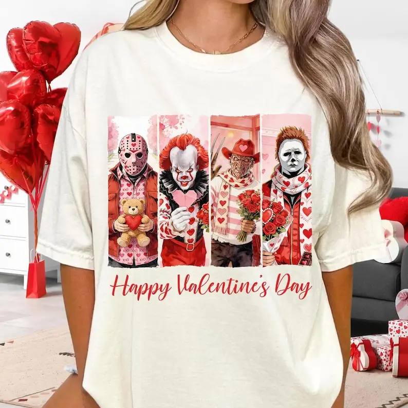 Retro Horror Character Valentine Tshirt, Funny Happy Valentine Pink Horror Movie Shirt, Be Mine, Anti Valentine Gothic Love