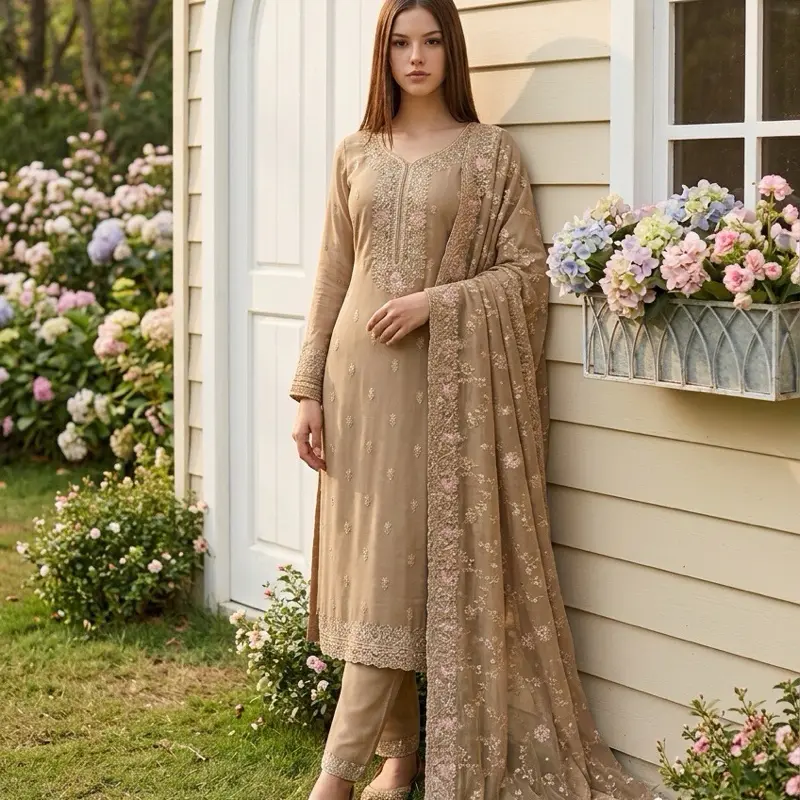 Pakistani Suit Long-Length 48 inch , 3 pieces - Designer Boutique Chic Gowns, Stone & Jaal Work, Fabric Dupatta, Longsleeves for Elegant Occasions Lady Wear