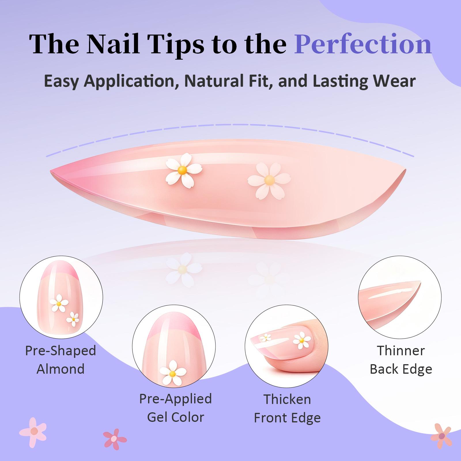 Kids Press On Nails Kit, 6 Pack 144PCS Colorful Flower Fake Nail Tips for Girls Ages 4-12, Almond Shape Nail Set with Jelly Glue & Nail Adhesive, Birthday Gifts & Holiday Surprises