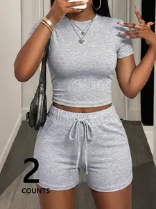 Women's Light Two-Piece Set, Short Sleeve Crop Top & Shorts, Slim Fit Sporty Commuter Outdoor School Trendy Fashion