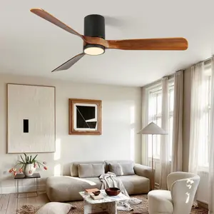60 in. LED Indoor/Outdoor Flush Mount Matte Black Ceiling Fan with Wood Blades, 6-Speed DC Remote Control