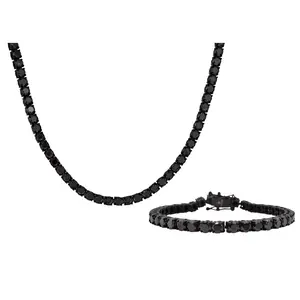 Mens Black Stainless Steel 5mm Black Cubic Zirconia Tennis Bracelet And Necklace Set