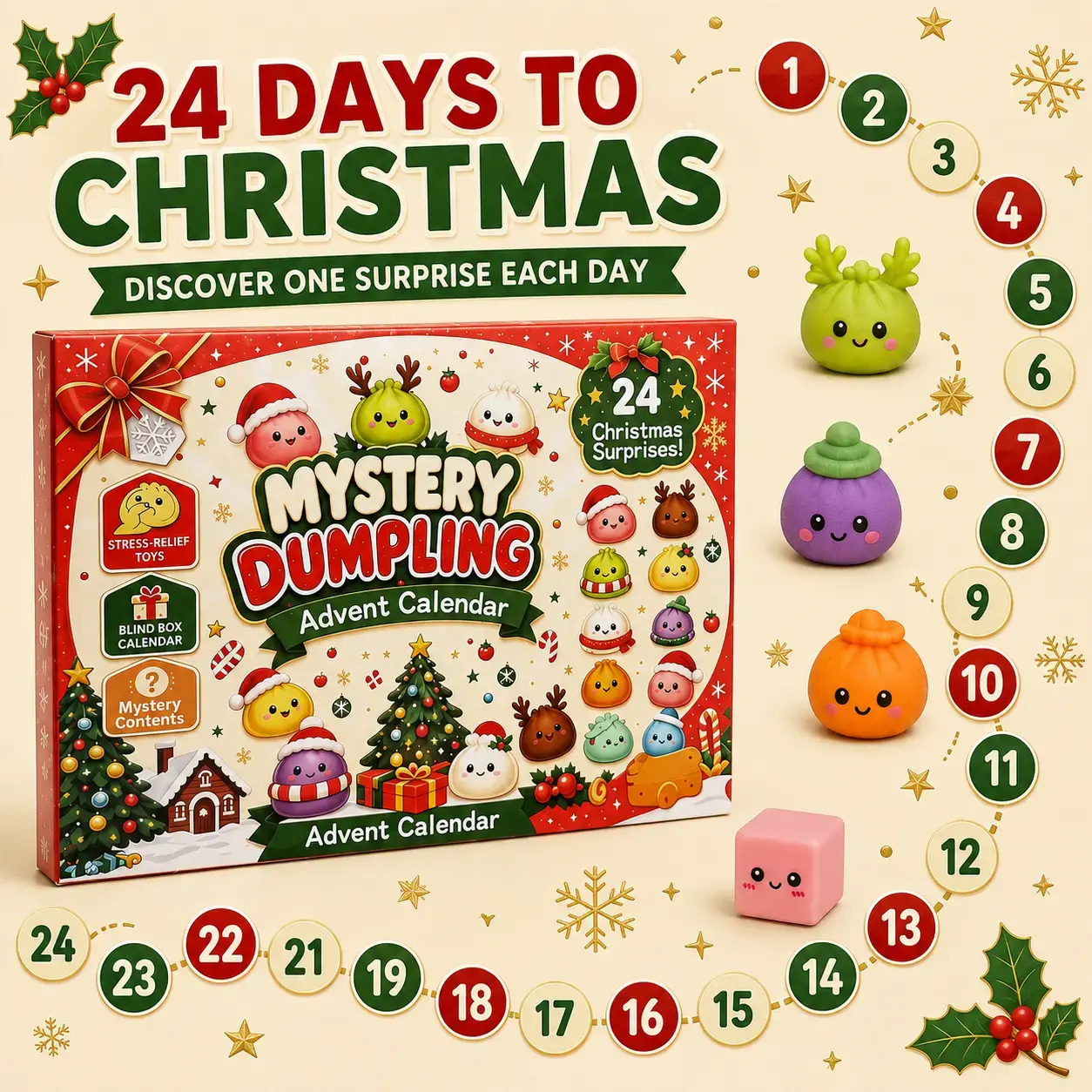 2026 Dumpling Squishy Advent Calendar - Indoor Recreation Stress Relief Toy, 24 Surprise Kawaii Mini Food Squishy Figures, Cute Christmas Countdown Holiday Gift