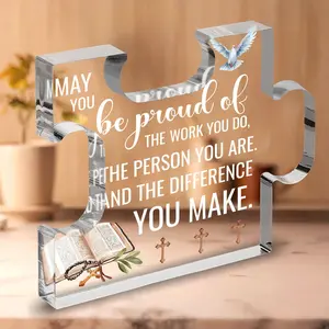 Letter & Book Pattern Acrylic Puzzle Shaped Ornament, 1 Count Pastor Appreciation Gift, Engraved Acrylic Block Puzzle with Heartfelt Sayings for Men & Women