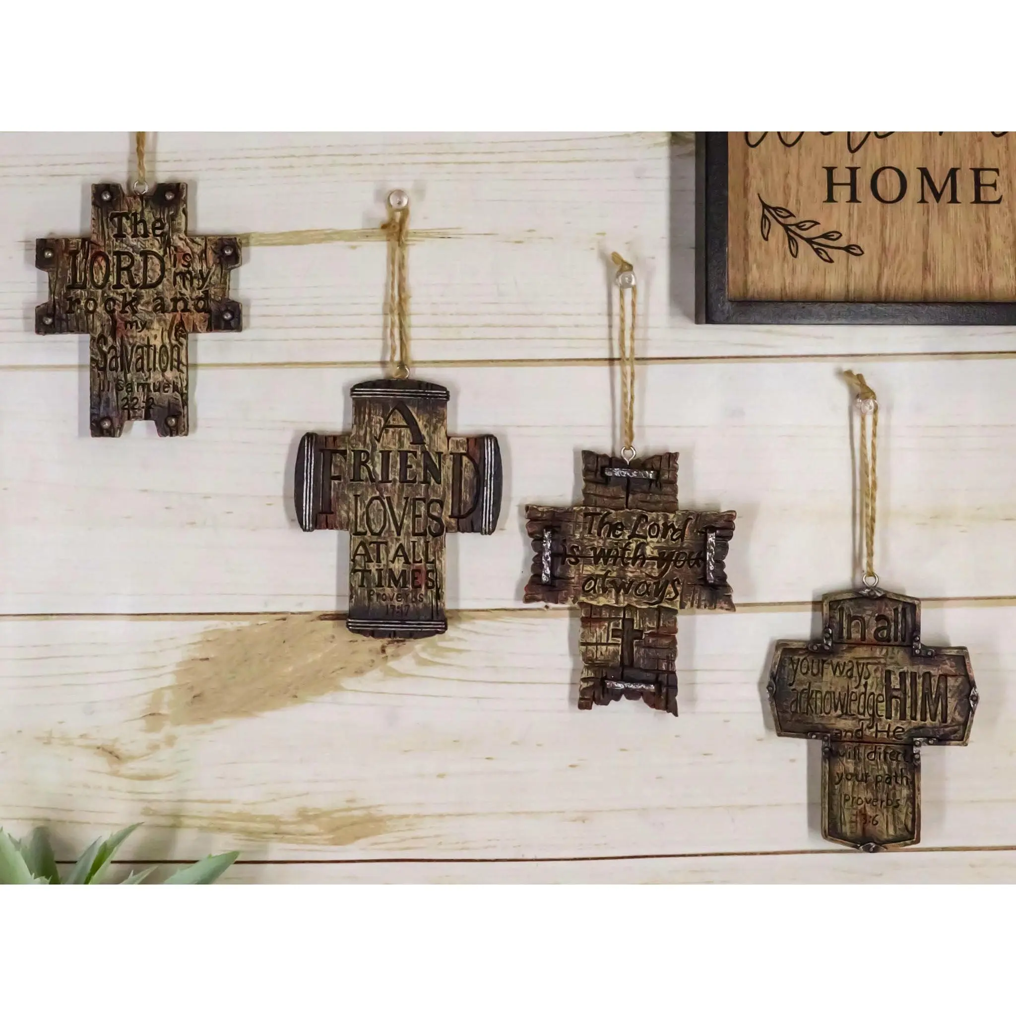 Rustic Western Christian Bible Verses Crosses Set of 4 Christmas Tree Ornaments