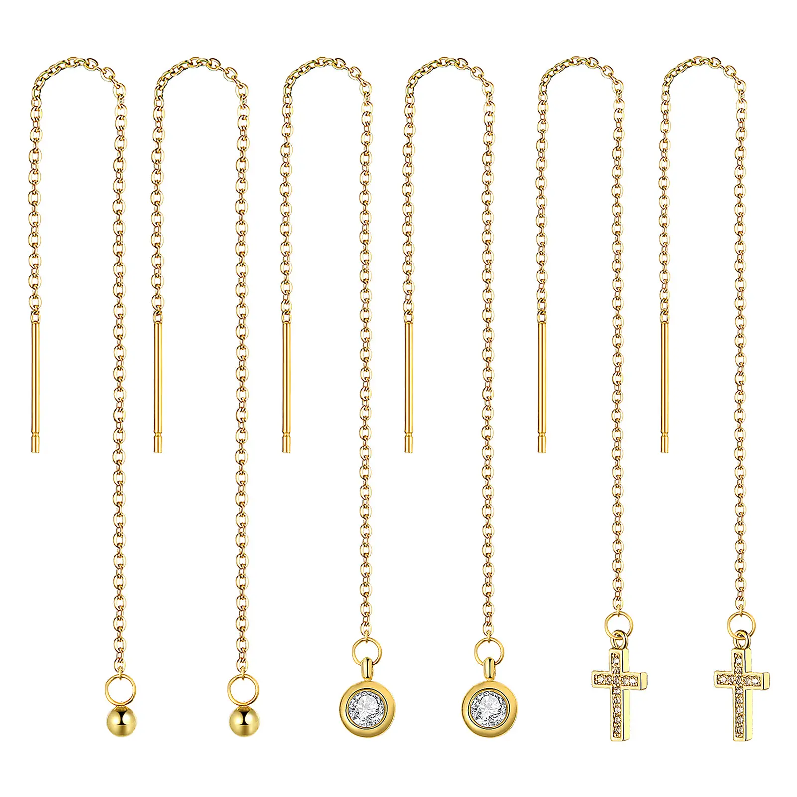 OIDEA Women's 3-Pair Lightweight Threader Earrings Set - Tarnish-Free Stainless Steel, Gold Cross Motif CZ, Ball Tassel Chain Drop Dangles, Costume Jewelry for Daily, Wedding summerwins,summerwins