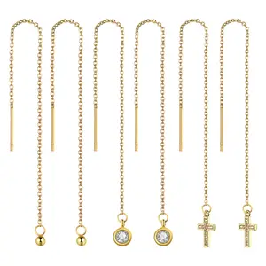 3-Pairs Threader Earrings Set: Women's Gold Cross CZ and Ball Tassel Drop Earring Stainless Steel Chain Dangle Earrings Wedding Party Jewelry for Women