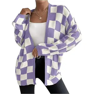 【Plus Size】 Plaid Print Drop Shoulder Cardigan, Casual Long Sleeve Open Front Knitwear for Fall & Winter, Women's Clothing for Daily Wear