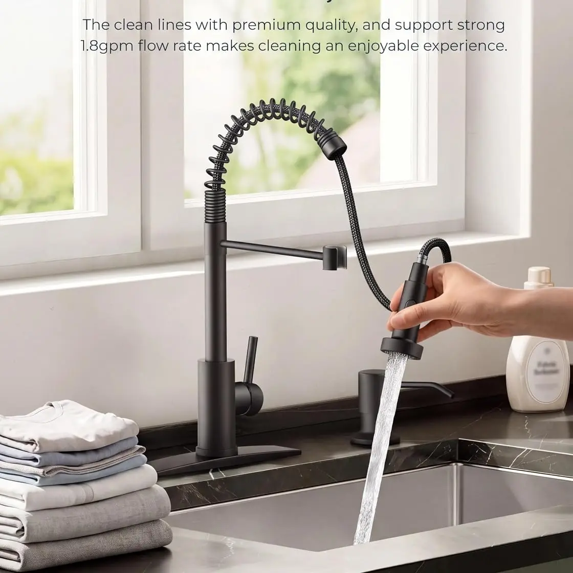 Commercial Kitchen Faucet with Pull Down Sprayer, Matte Black | Dual Outlets, Hands-Free Buckle Lock, Tilted Pot Filler, 360° Independent Rotation.