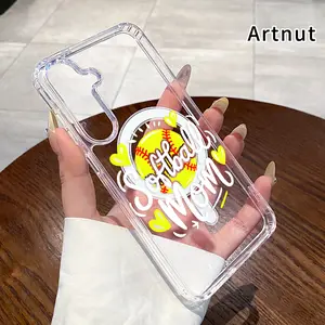 Magnetic Phone Case for Samsung Galaxy S26 Edge S23 Ultra S24 Plus FE S25 S22+ Softball Heart Charm Pattern Non-Yellowing Shockproof Soft Silicone Transparent Acrylic Large Hole Cover Supports Wireless Charging