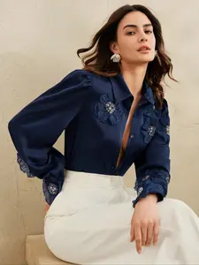 Elegant Commuter Spring Summer New Satin Vintage Design Embroidered Rhinestone Floral Shirt Top for Women, Fitted Plain Pattern