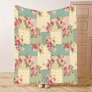 Vintage Floral Patchwork Blanket Cottagecore Room Decor Pink Rose Flannel Throw Shabby Chic Soft Warm Cozy Couch Bedding