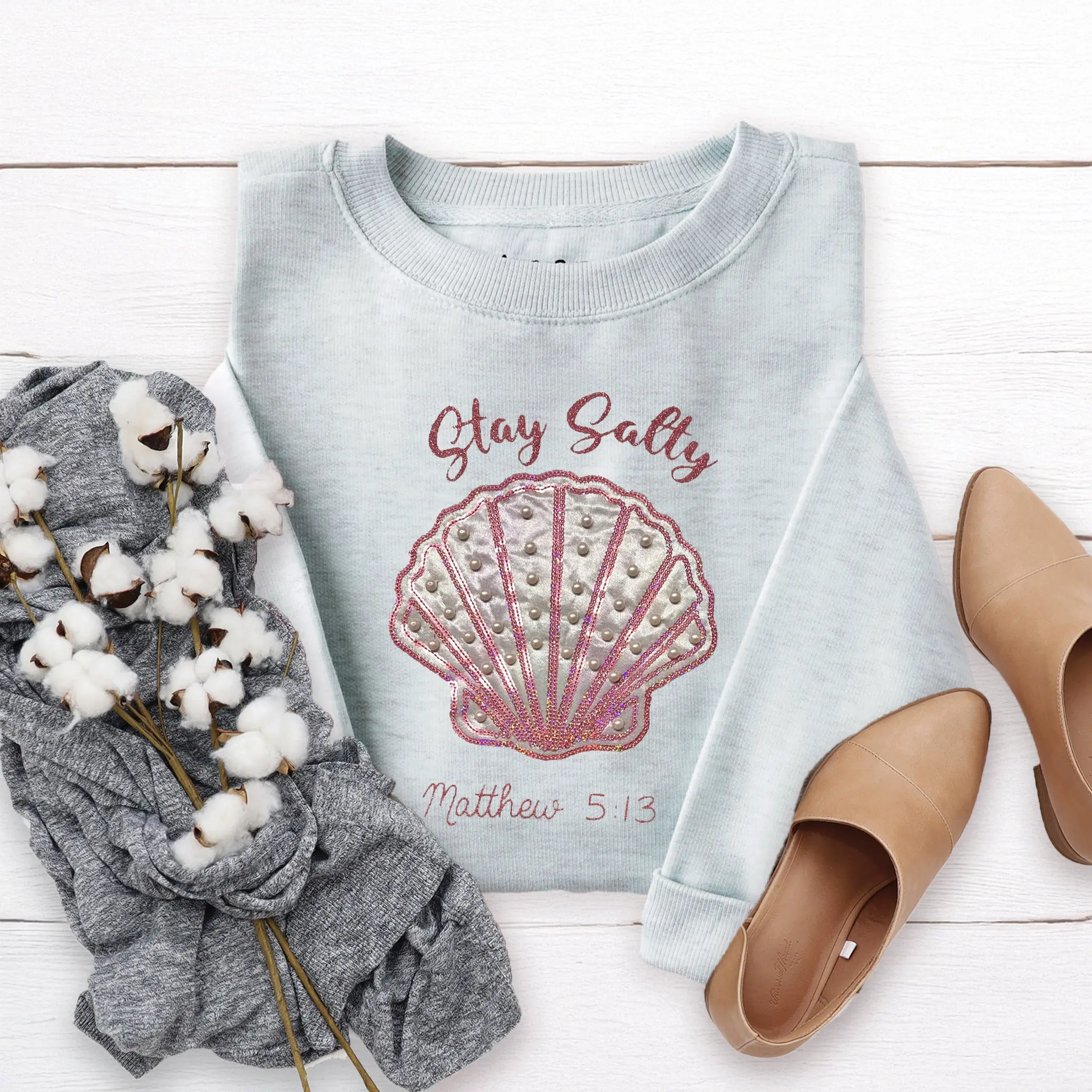 Embellished Stay Salty Crewneck Sweatshirt - Heather Prism Ice Blue