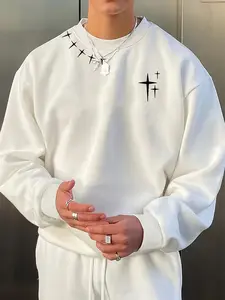 Men's white crew neck sweatshirt, minimalist design with black cross star, jewelry-friendly top, suitable for casual street style and daily outings.