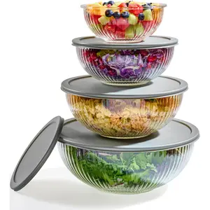 8pc Ribbed Glass Mixing Bowls with Leakproof Airtight Lids - BPA-Free Meal Prep Stackable Space Saving Nesting, Kitchen Baking Food Storage & Serving Containers - Microwave, Freezer, Dishwasher Safe.