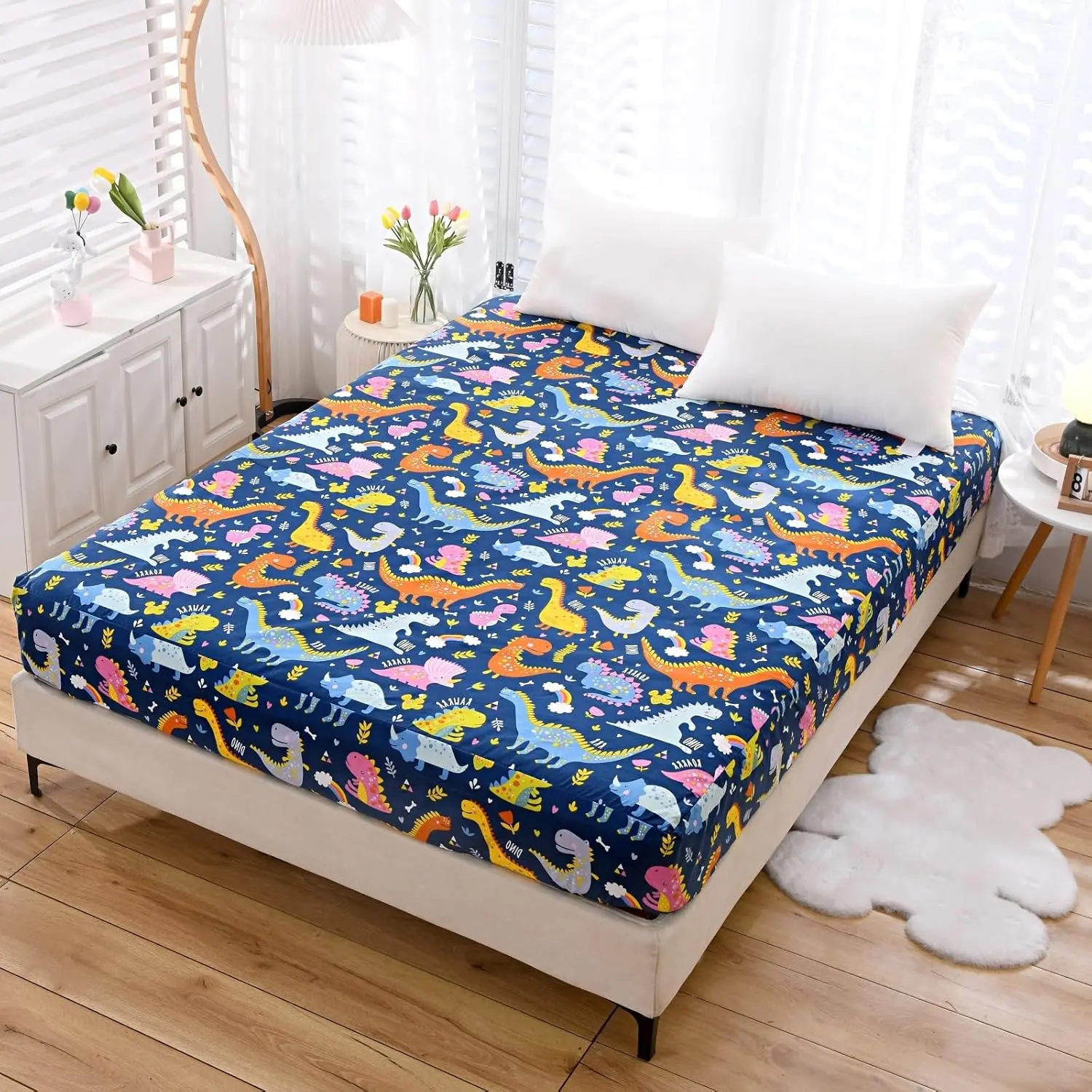 Bedding Fitted Sheet with Deep Pocket for Boys Girls Twin Bed,Dino Printed Thicken Fabric Bed Sheets (Navy Blue(Dinosaur), Twin)