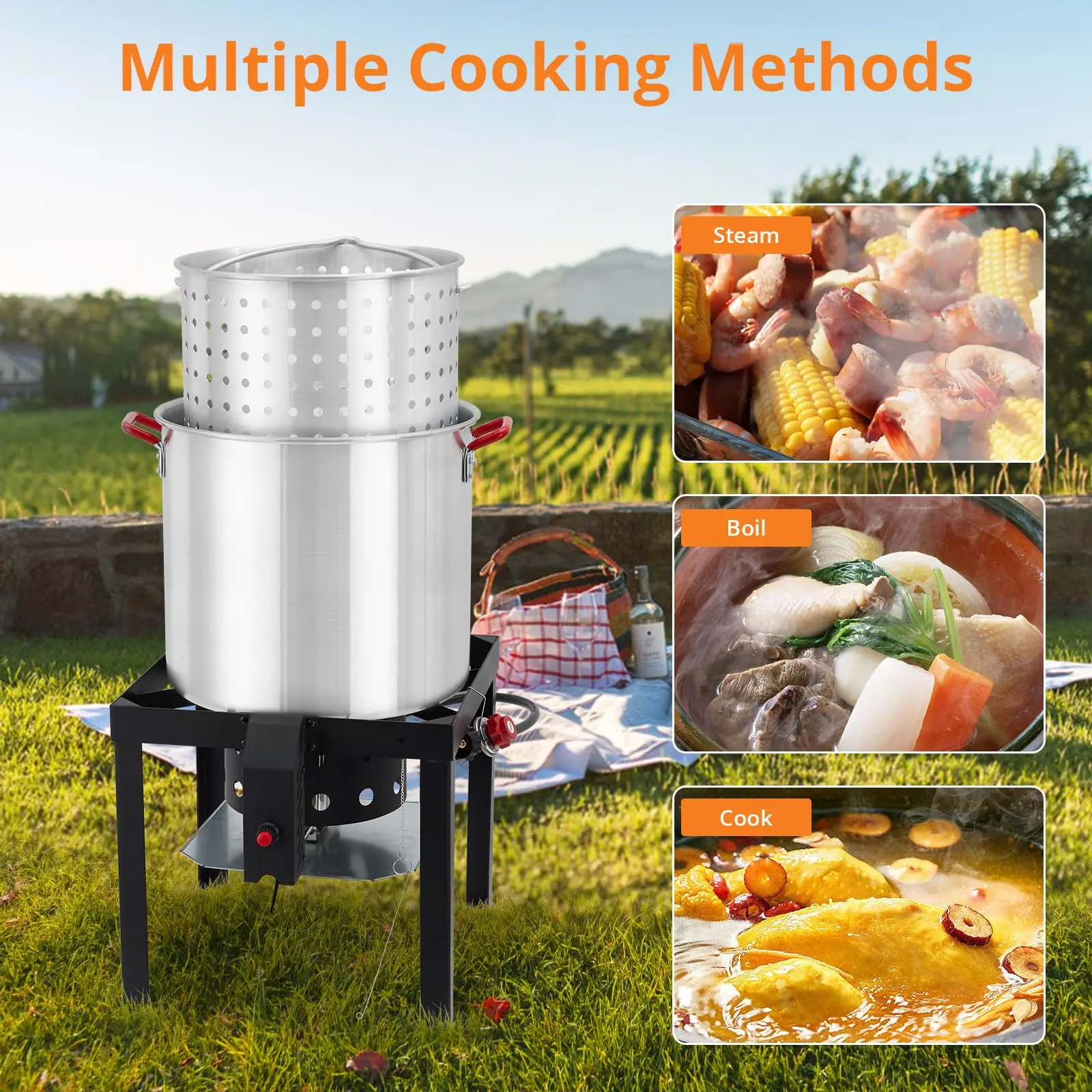 Seafood Boil Kit, 60 Qt Seafood Boil Pot with Basket & Burner, Strainer Basket, Lid & Hook, Versatile Stock Pot for Crab, Lobster, Shrimp Boiling, Outdoor Aluminum Propane Boiler and Steam Kit