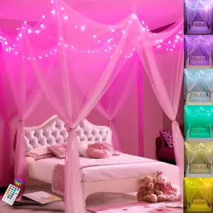 White Bed with Star Lights for Girls, 8 Corner Post Bed Curtains with 100 LED Star Lights String Color Changing for Bedroom Twin Full Queen King Bed