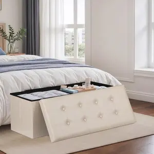 43 Inches Folding Storage Ottoman Bench Storage Chest Footrest wi/ Divider Beige