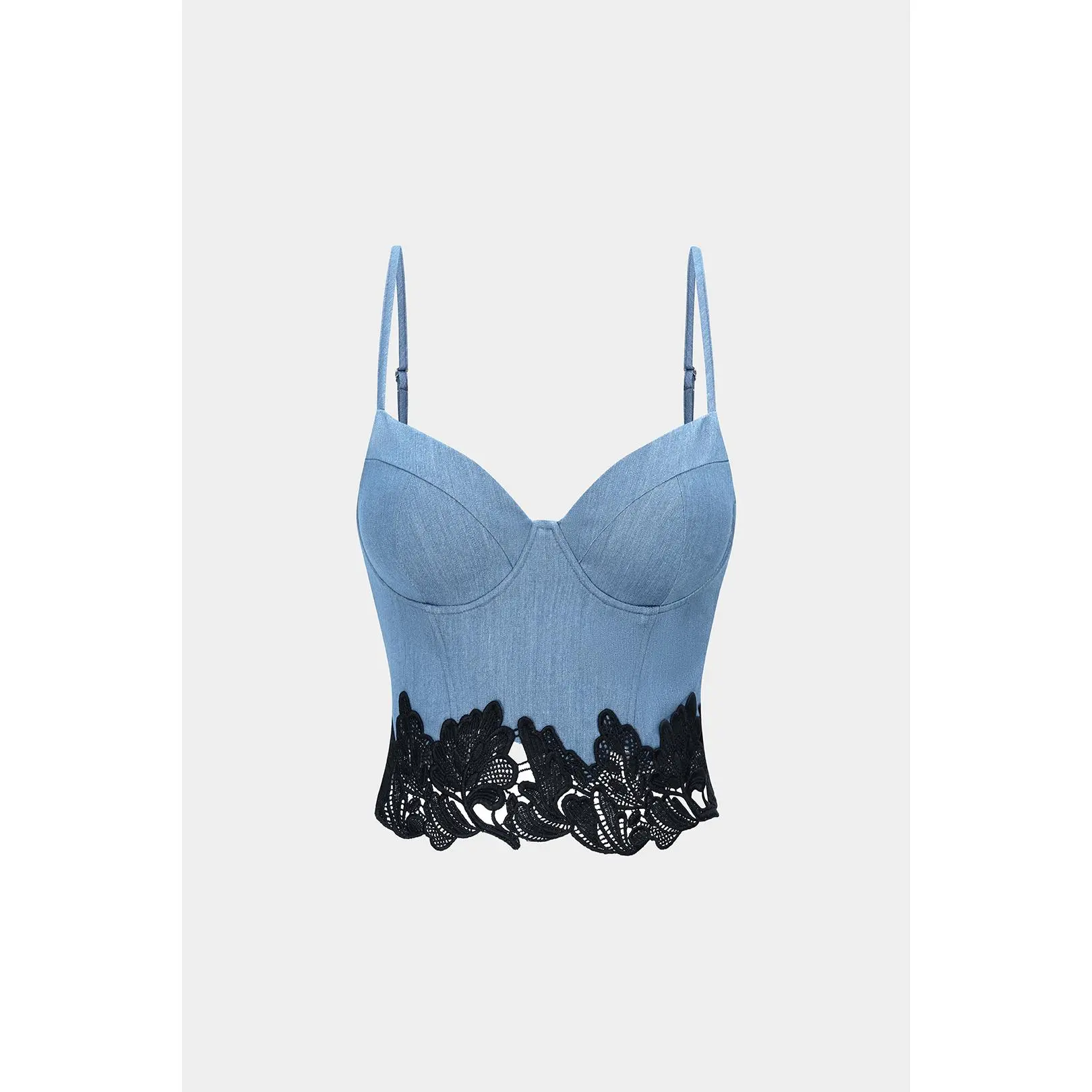 Denim Lace Trim Zipper Cami Top