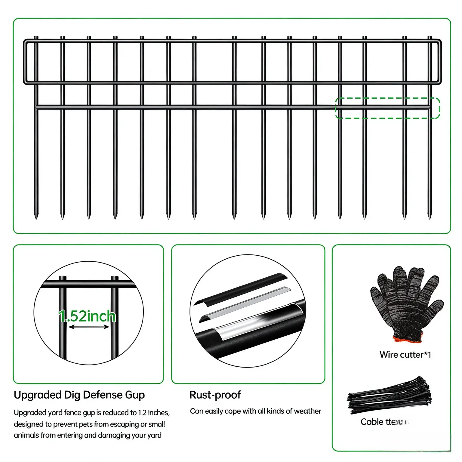 30-panel garden fence animal barrier, 42.5 ft (length) x 13 in (height), dog-proof dig-resistant fence, upgraded 17 in length ground defense for gardens, anti-rust metal wire fencing for dogs and rabbits for outdoor use