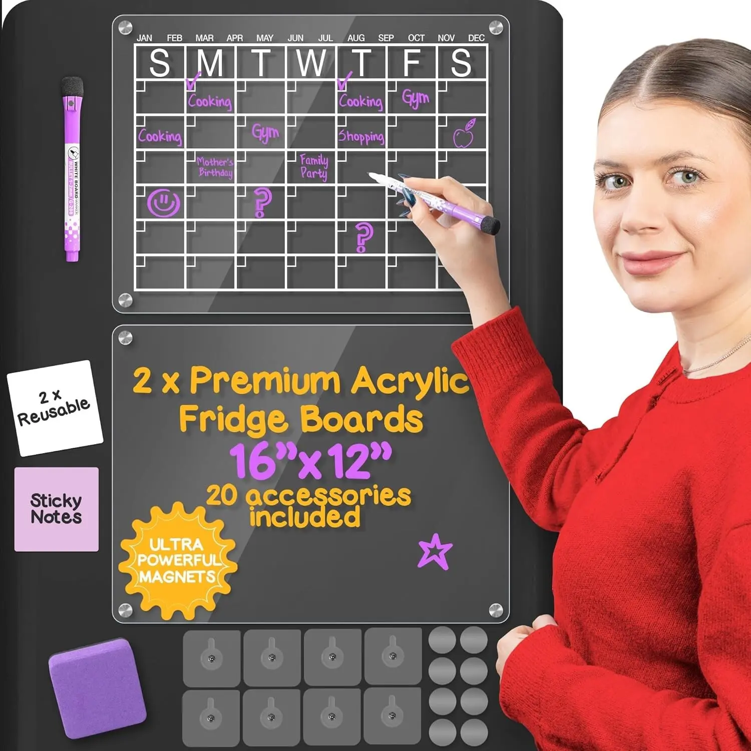 Magnetic Acrylic Fridge Calendar, Dry Erase Monthly Meal Planner Board with 5 Markers & Eraser, Clear Refrigerator Whiteboard for Kitchen Organization, Minimalist Transparent Design