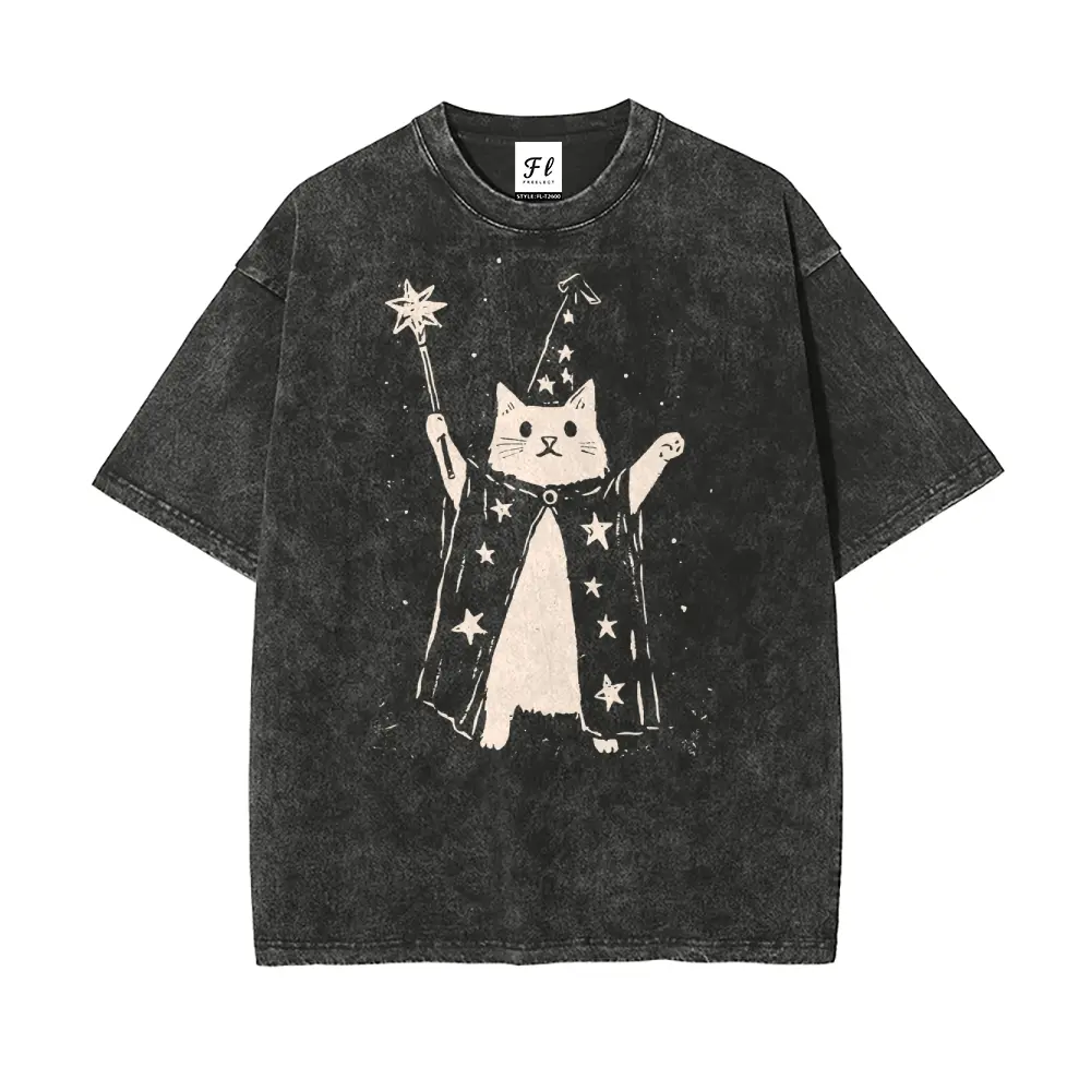 Wizard Cat Star Wand Print Unisex Oversize Washed T-Shirt, Super Soft Pre-Shrunk Garment with Sleeves, Batik Streetwear Menswear (Pair with Sweatpants/Cargo Styles), Oversized, Minimalist