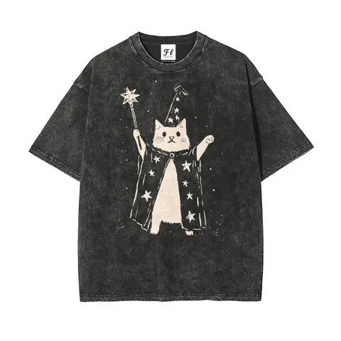 Men's Oversized Vintage Wizard Cat Star Wand Print Washed T-Shirt - Breathable Pre-Shrunk Super Soft Garment, Batik Fashion Cargo Streetwear, All-Seasons Sleeved Top, Paired with Sweatpants, Minimalist Unisex Menswear