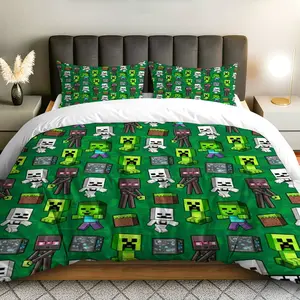 3PCS Duvet Cover Set, 1 Duvet+2 Pillowcases(Without filler), Green Pixel  Fun Playful Adventure Retro theme, Halloween bedding set, Gamer Bedroom Teen Room Dorm Decor Geek Style.