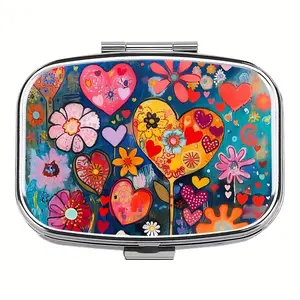 Boho Hearts and Flowers Pill Case, 2-Compartment Portable Plastic Pill Box with Mirror, Travel Organiser for Women & Art Lovers, Supplement Organizer