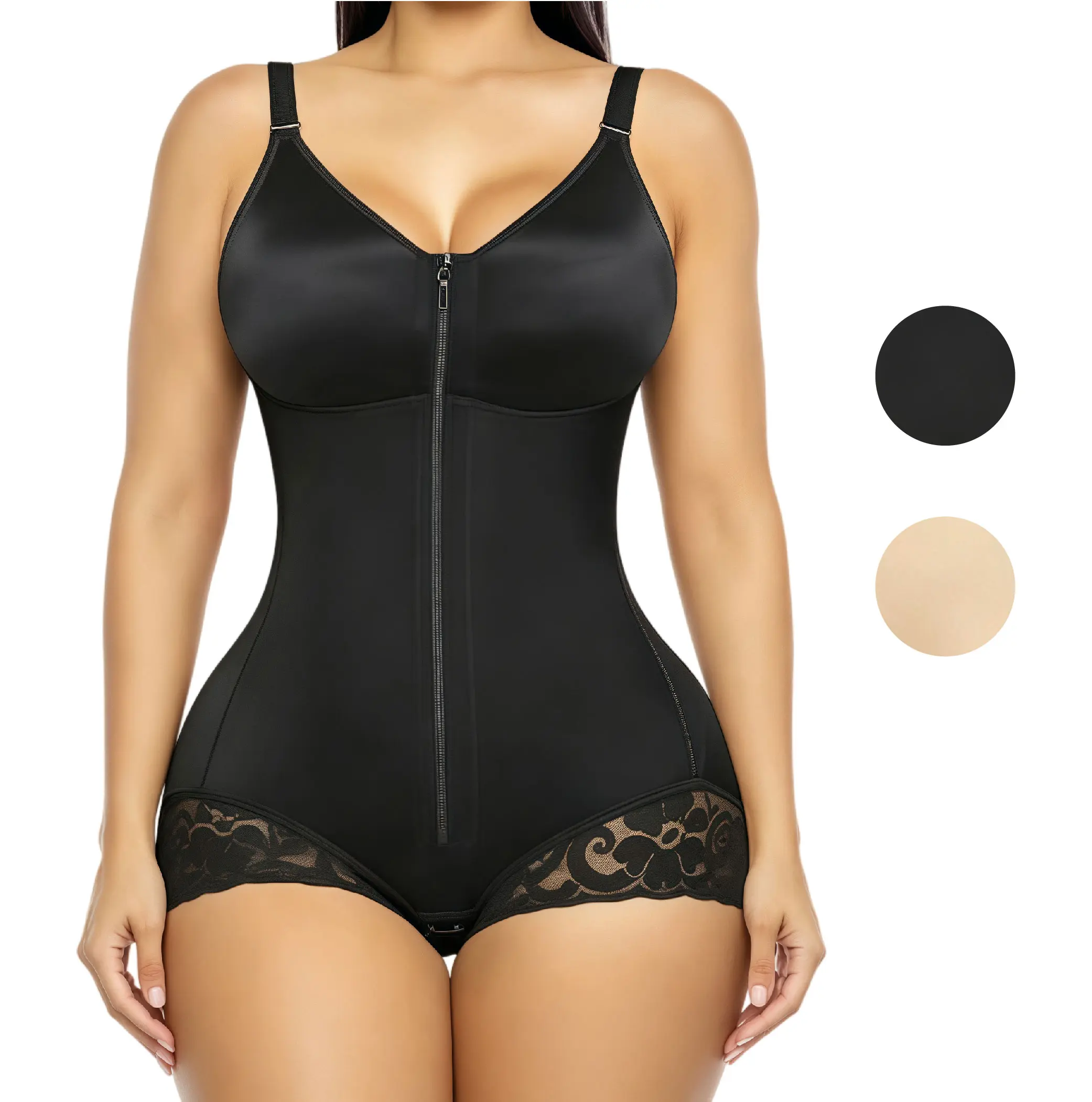 Women's bodysuit with adjustable shoulder straps, high-pressure tummy control and hip lifting shaping garment. Suitable for everyday wear, fitness shaping, and plus-size body type. zip-up comfort ultra stretch fabric waist shapewear women